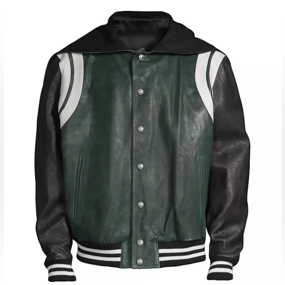 Balmain Leather Hooded Varsity Jacket in green and black